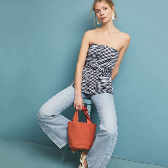 Eva Franco Anthropologie Strapless Gingham Belted Button Front Top - Picture 1 of 6